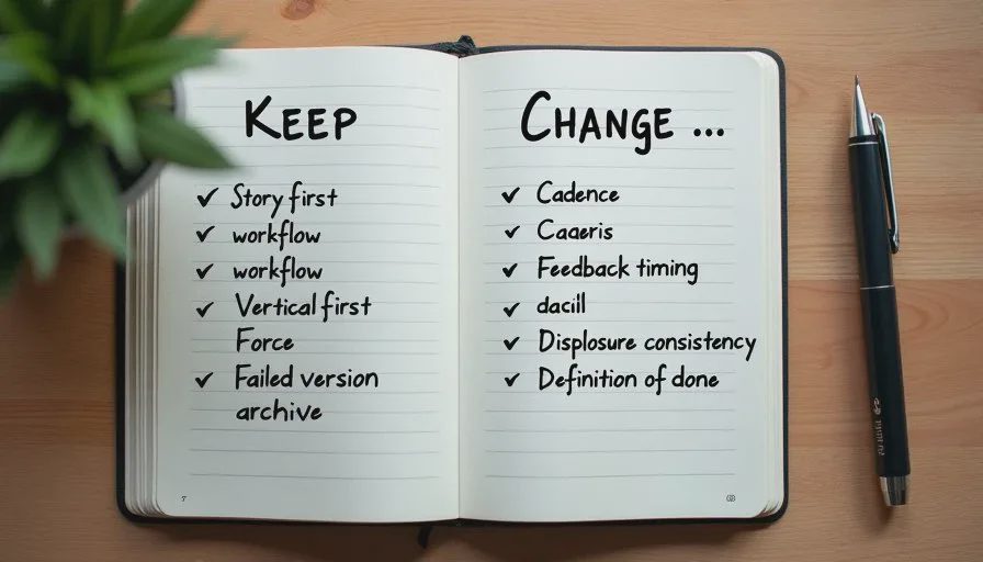 Early Publishing Habits: Keep vs Change Notebook page listing early publishing habits to keep and habits to change after 30 days