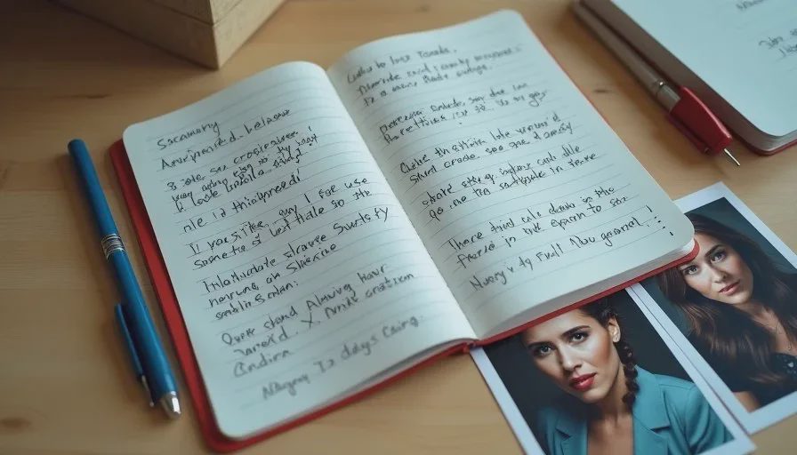 Close-up of handwritten AI short drama scene brief on notebook next to reference photos