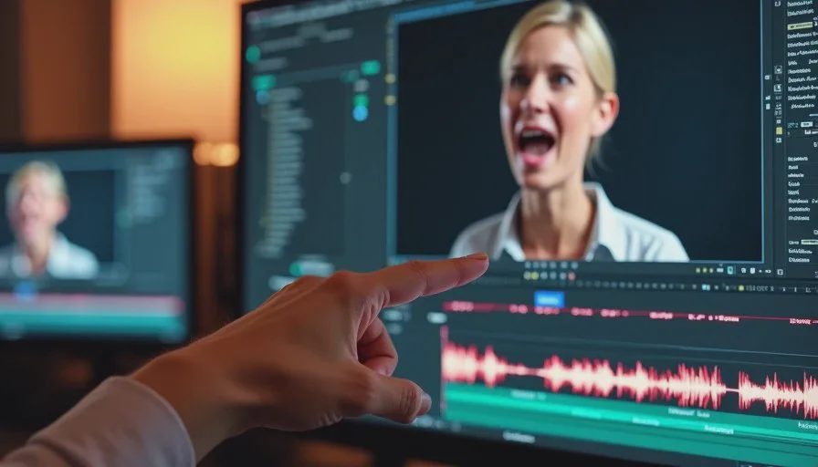 Lip-Sync Timing Diagnosis on Timeline Video timeline showing misaligned audio waveform against character mouth movement for lip-sync diagnosis