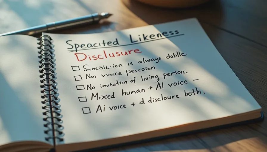 Voice and Likeness Disclosure Notes Notebook page with practical notes on disclosing synthetic voices and likeness in AI short dramas