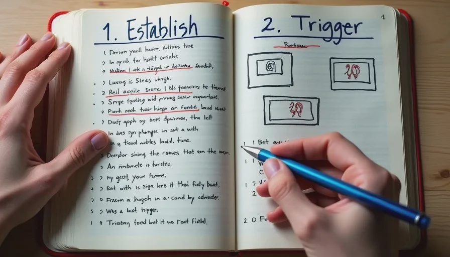 Establish and Trigger Beats in Five-Beat Outline Handwritten Establish and Trigger beats with simple storyboard frames for AI short drama