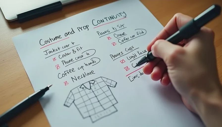Handwritten costume and prop continuity checklist with visual reference notes for AI drama