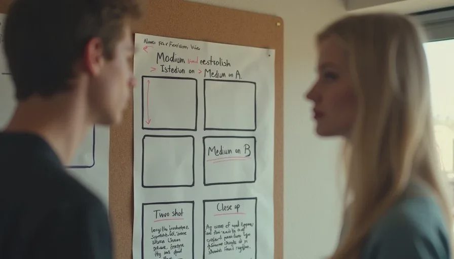 Shot List and Character Cards for Confrontation Scene Wall-mounted shot list and character cards for a two-person AI confrontation scene