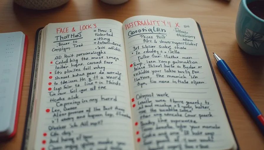 Close-up of handwritten character bible core sections for AI short drama consistency