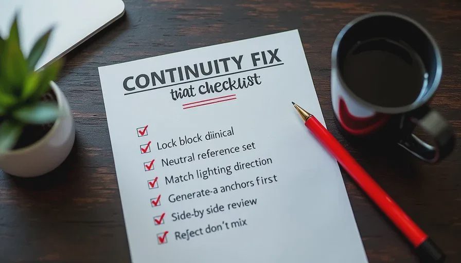 Practical Continuity Fix Checklist for AI Characters Printed continuity fix checklist with handwritten notes for stopping AI character drift