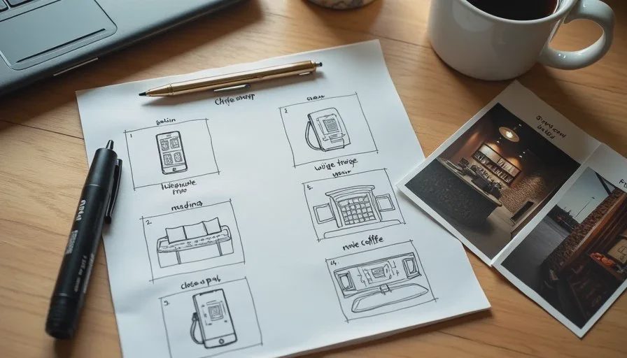 Minimal Shot List for 60-Second AI Drama Handwritten shot list for coffee shop AI short drama next to simple storyboard sketches
