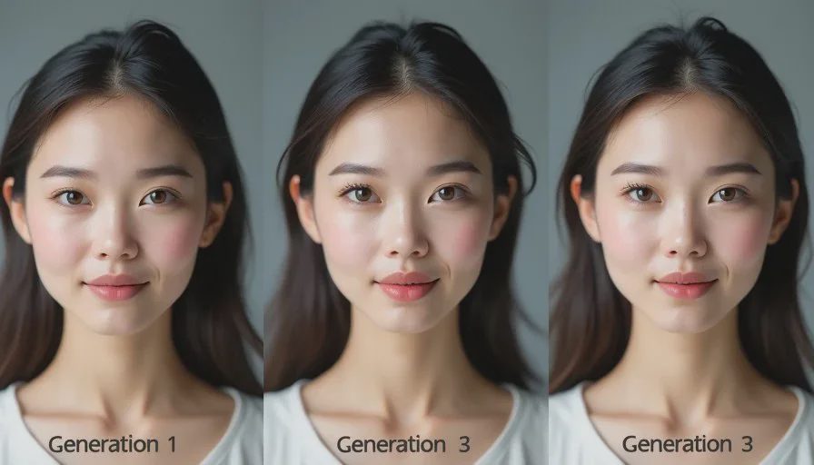 Progressive AI Character Face Drift Example Side-by-side AI generations of the same character showing progressive face drift across three frames