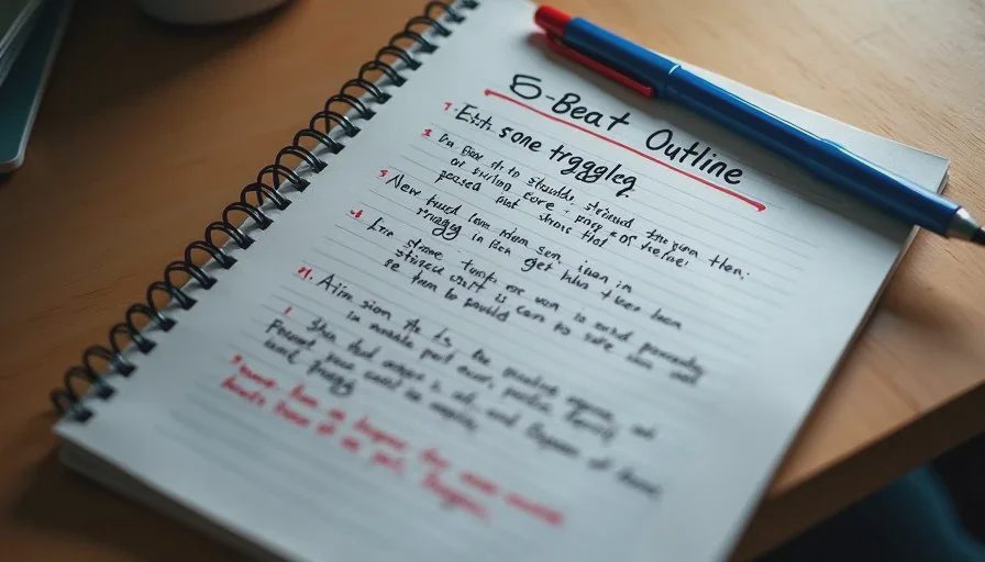 Five-Beat Outline for AI Short Drama Close-up of five-beat scene outline handwritten in notebook for 60-second AI drama