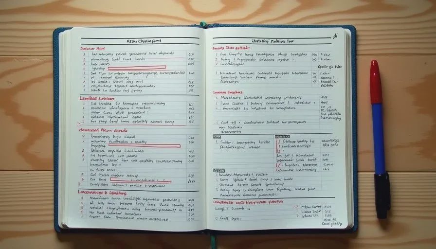 Close-up of handwritten AI continuity planning sheet with face costume prop and location locks
