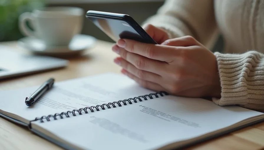 Out-Loud Test for AI Short Film Dialogue Person’s hand holding phone recording while reading dialogue notes on desk