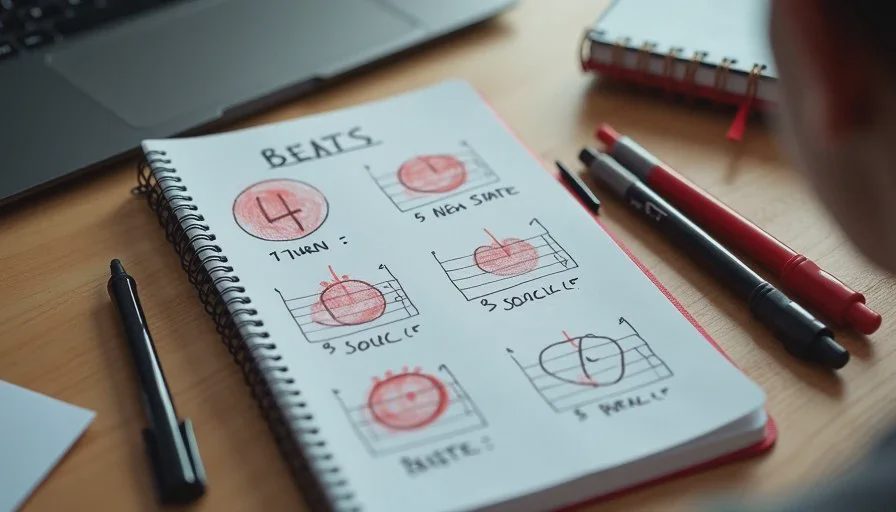 Turn and New State Beats in Scene Outline Handwritten Turn and New State beats with red emphasis for one-minute AI story